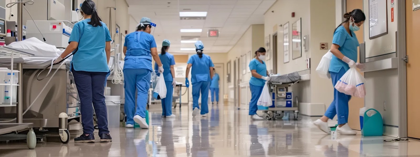 a team of healthcare workers diligently scrubbing and disinfecting hospital rooms with meticulous attention to detail, ensuring a spotless and sanitized environment.