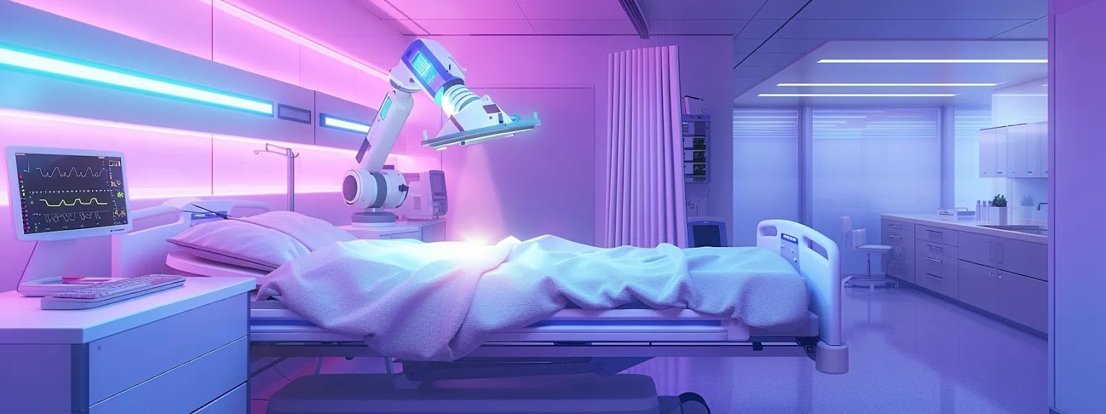 a robotic arm equipped with uv-c lights disinfecting a hospital room, showcasing advanced technology in environmental services.