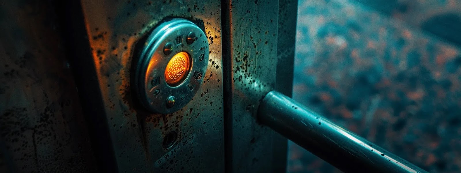 a close-up shot of a grimy, fingerprint-covered elevator button, highlighting the potential contamination risks in the workplace.