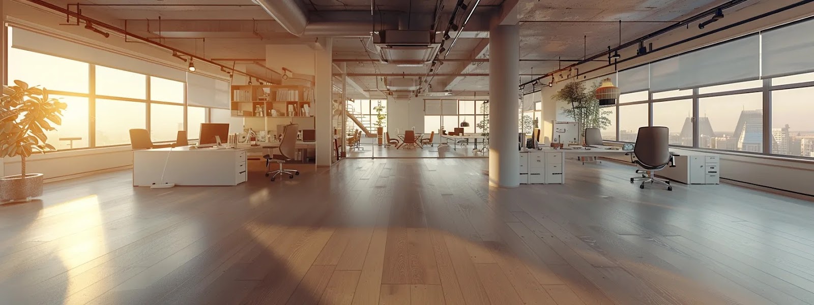 a sparkling clean office space with gleaming surfaces and fresh, sanitized air, exuding a professional and welcoming atmosphere.