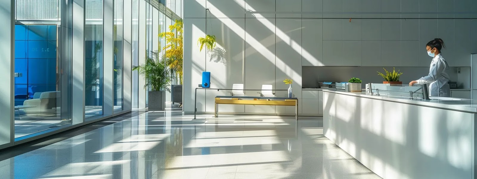 a janitor diligently sanitizing high-touch surfaces in a brightly lit office environment.