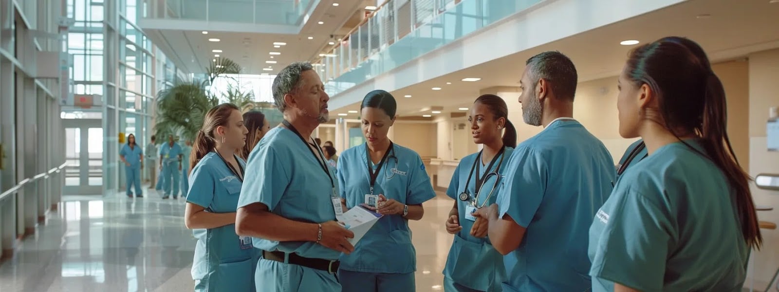 a diverse group of healthcare and environmental services professionals in scrubs and uniforms conducting collaborative training on cleaning techniques in a hospital setting.