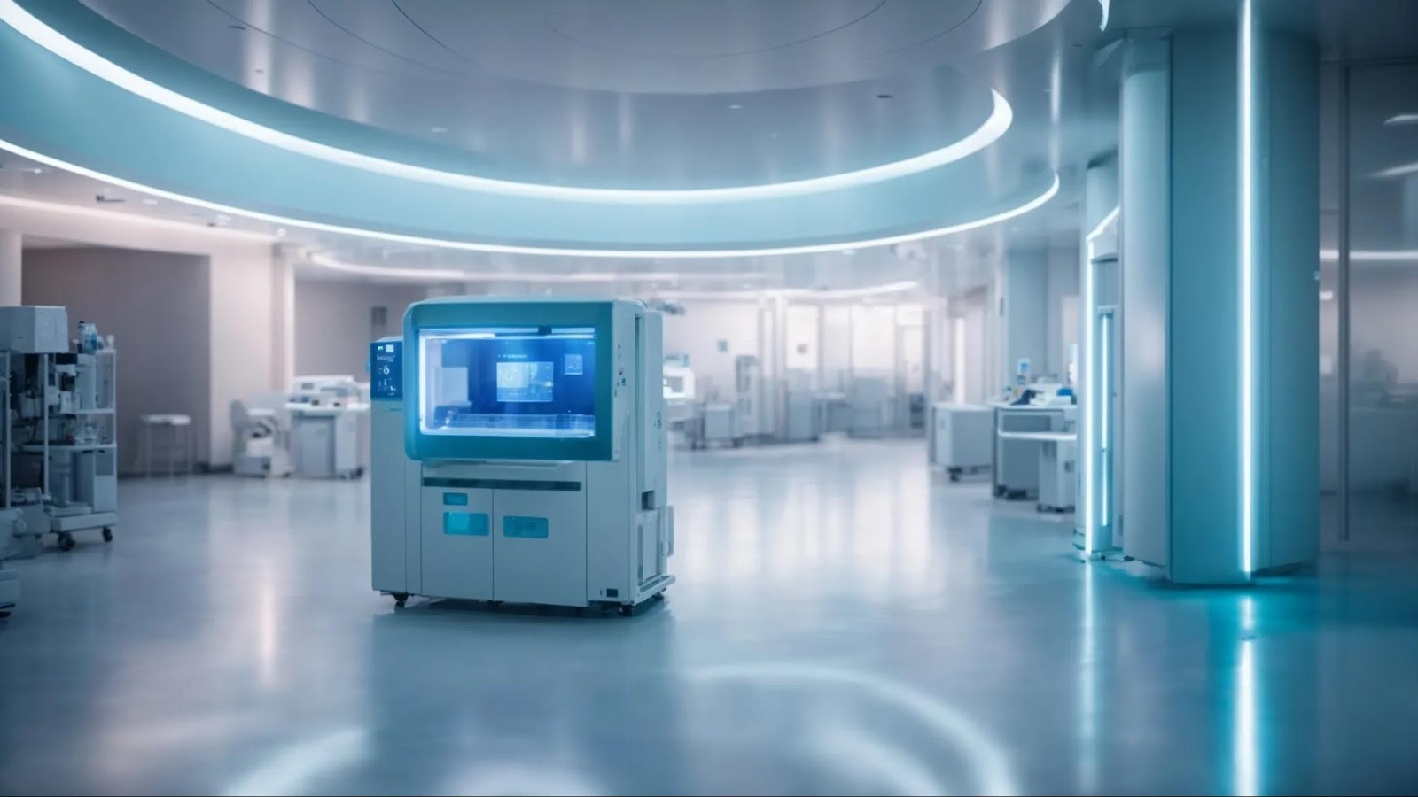 a medical facility with a disinfection station equipped with uv-c light to kill bacteria on high-touch surfaces and an air purification system to control airborne pathogens.