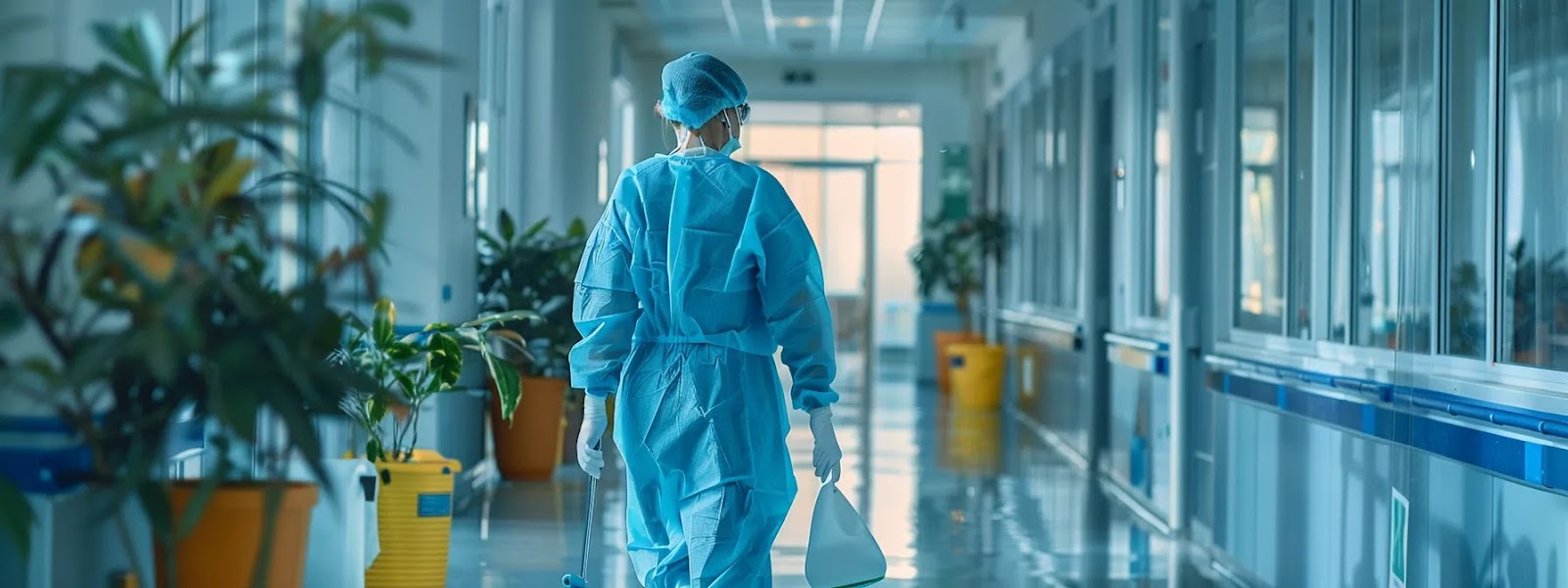 a healthcare worker meticulously sanitizing surfaces with a powerful disinfectant, ensuring a spotless and germ-free environment.