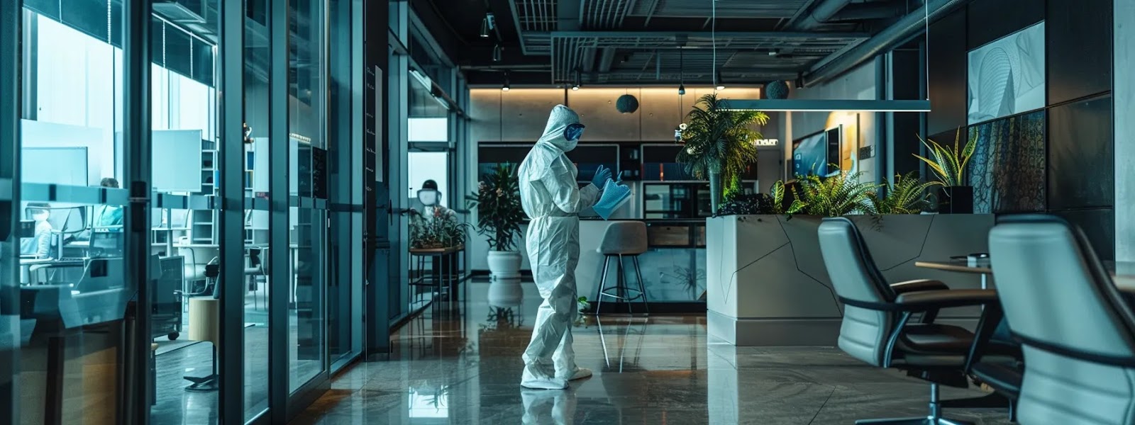a professional in protective gear conducting a thorough disinfection process in a modern office environment.