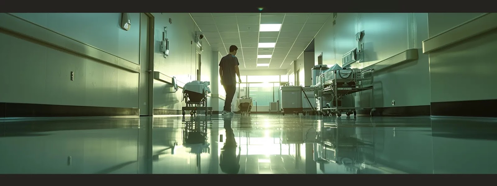 a janitor meticulously sanitizing a hospital room, with gleaming surfaces and sparkling clean floors, showcasing the importance of environmental services in maintaining healthcare settings hygiene.