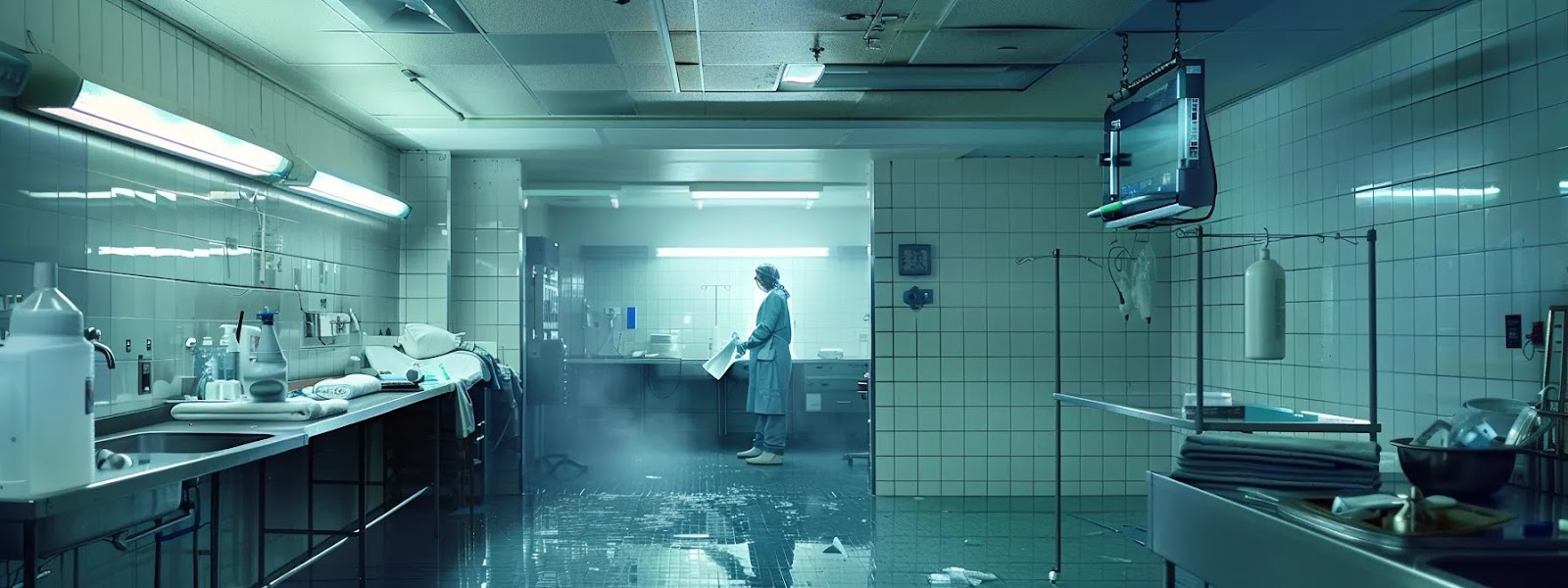 a hospital janitor diligently scrubbing and disinfecting a gleaming, sterile operating room, ensuring the highest standards of cleanliness to protect patient health and safety.
